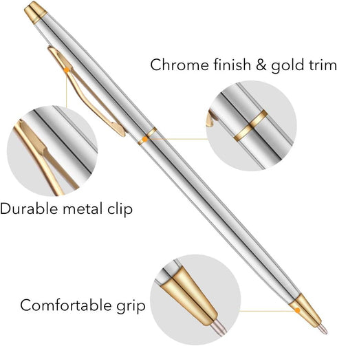 Unibene 6 Pcs Steel & Gold Stainless Steel Ballpoint Pens, Black Ink Medium Point, Slim Metallic Retractable Twist Pens