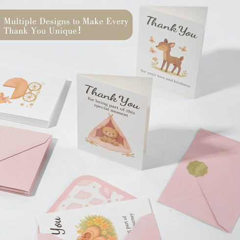 C2U 48 Pack Baby Shower Thank You Cards for Girl - with Envelopes & Gold Stickers,Baby Shower Greeting Cards Bulk