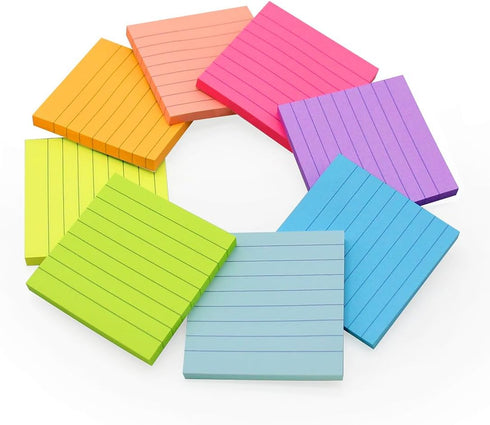 Lined Sticky Notes 3x3 in - Bright Ruled Colorful Memo Pads, 82 Sheets/pad, 8 Pads/Pack