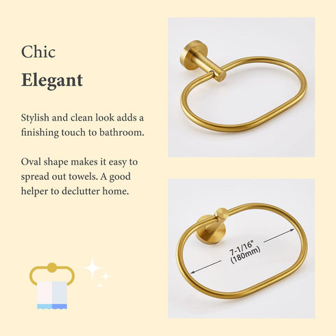 Suyar Brushed Gold Towel Ring - SUS304 Stainless Steel Towel Holder, Wall Mounted Hand Towel Rack for Bathroom
