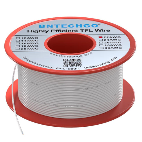 BNTECHGO 22AWG FEP Teflon Coated Tin-Plated Copper Wire in White 50 ft for High-Temperature Resistance Applications