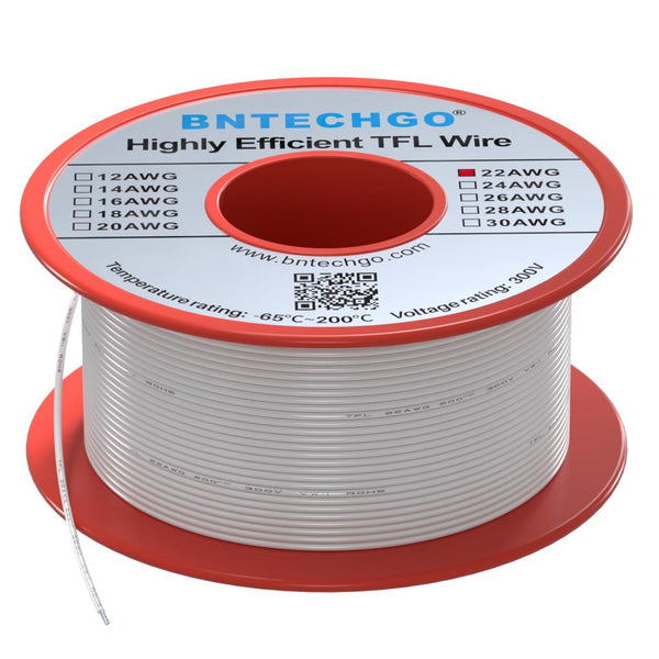 BNTECHGO 22AWG FEP Teflon Coated Tin-Plated Copper Wire in White 50 ft for High-Temperature Resistance Applications