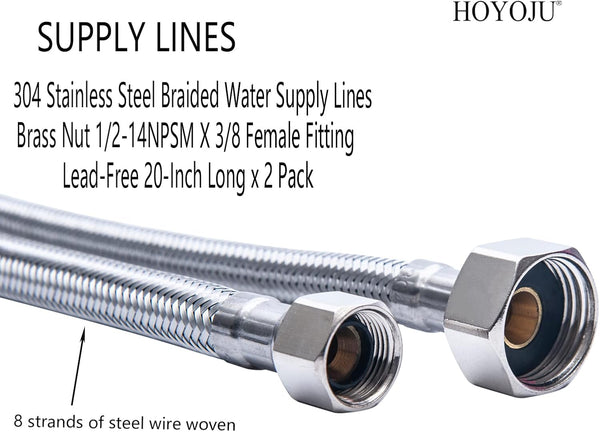 Braided Faucet Connector Supply Hose 1/2"-14NPSM Brass Nut X 3/8 Female Fitting, Stainless Steel Lead-Free 20-Inch Long