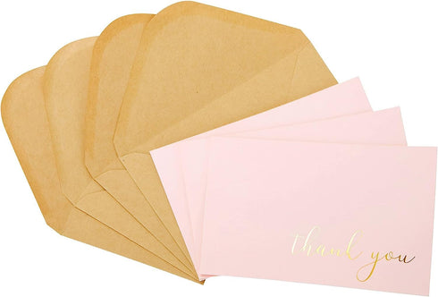 50 Pack 52 4" 6" CHRIZ.Z Thank You Cards - Blank Pink Matte Finish Cards with Gold Foiled Thank You Printed with Kraft