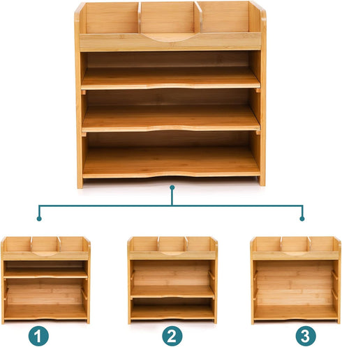 DEAYOU Bamboo Desk File Organizer, 13" Document Letter Tray Sorter with 2 Adjustable Shelves, 4 Tier Mail Organizer