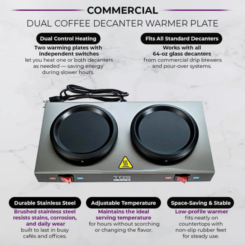 2-Burner Commercial Dual Coffee Decanter Warmer Plate Electric Coffee Warmer for Use Stainless Steel Coffee Pot Warmer