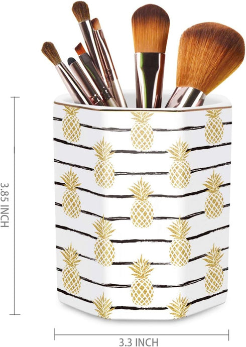 WAVEYU Pencil Holder, Ceramic Desk Organizer with Pineapple Pattern, Makeup Brush Holder for Office, Home - Yellow