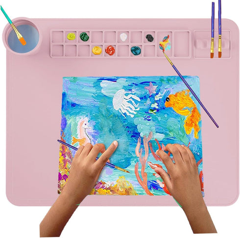 Silicone Painting Mat, 20"x 16" with Cup, Kids Art Mat for Resin, DIY, Drawing, Paint, Clay, Playdoh (Pink)