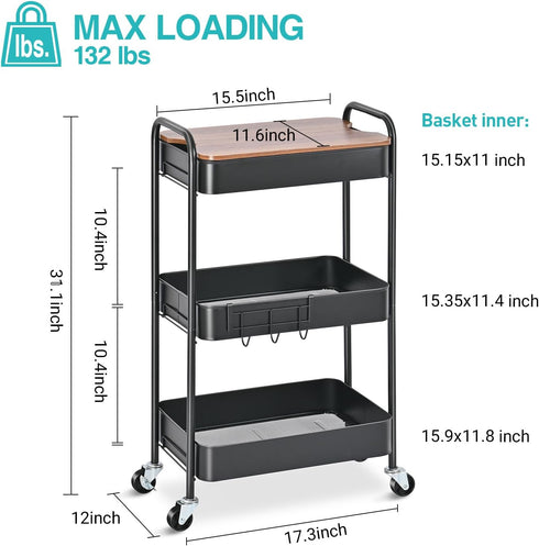 TOOLF 3-Tier Rolling Cart, Metal Utility Cart with Top, Storage Craft Cart with Wheels, Trolley Organizer Serving Cart