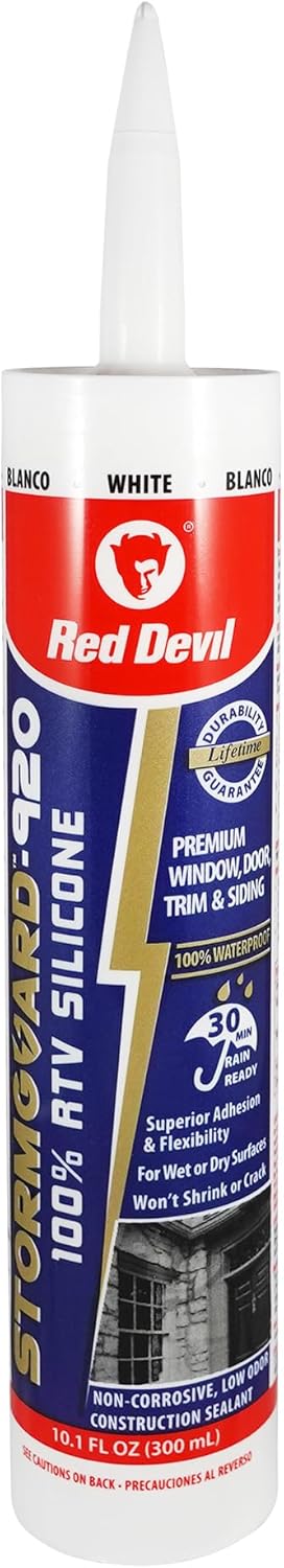 Red Devil 0780 StormGuard 920 100% RTV Silicone Sealant, 10.1 oz. Tube, White, Water-Resistant Adhesive for Interior &