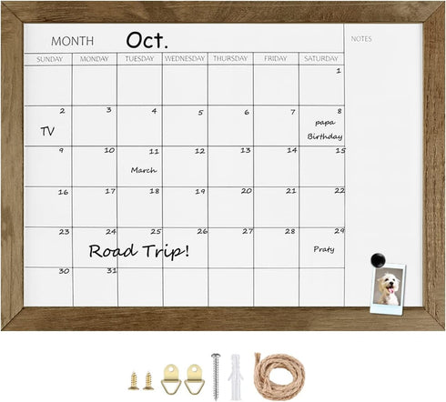 TORASO Dry Erase Monthly Calendar Board, 12"x 16" Magnetic Whiteboard with Solid Pine Rustic Brown Frame
