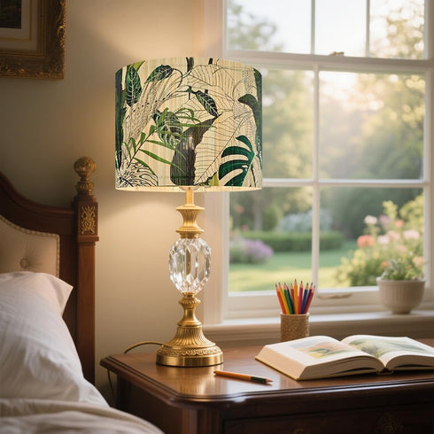 Yxelume 11.8x9.05 Inch, Bamboo Lampshade, Cylindrical, Translucent Bucket Design, Tropical Green Plants Pattern