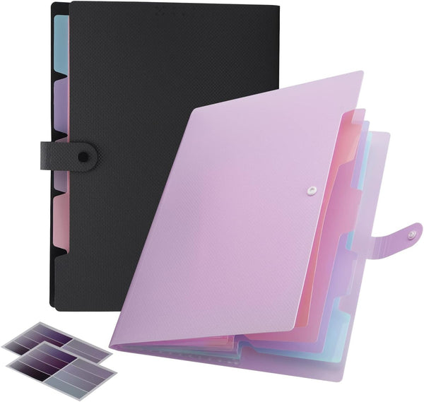 NAFY Colorful Expanding File Folder, 5 Pockets with Colored Labels, A4 Letter Size Project Organizer, Black+Purple