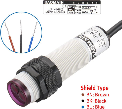 Baomain Photoelectric Sensor E3F-R4P2 Retroreflective Optical Switch, DC 10-30V PNP NC Sensing Distance 4m