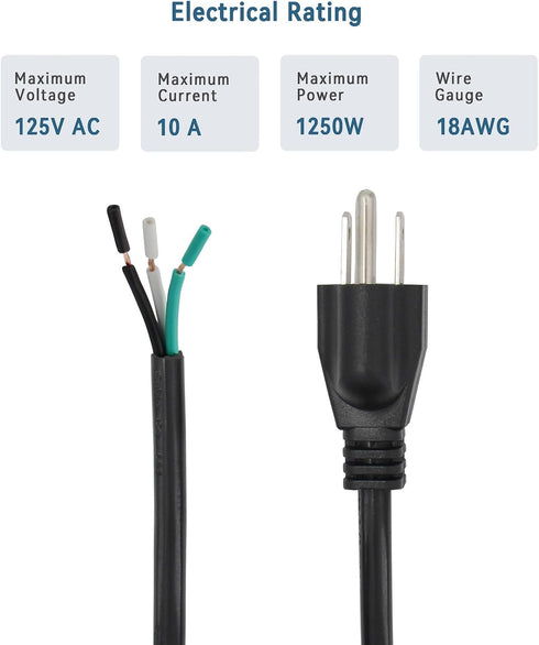 10FT Power Cable Replacement, 110V 115V 120V 300V Pigtail for Appliance, NEMA 5-15P Plug US SJT 18AWG