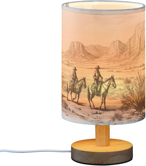 Nesatuwa Western Cowboy Theme Bedside Table Lamp Nightstand with Fabric Shade Night Lamp Wooden Base LED Desktop Lamp