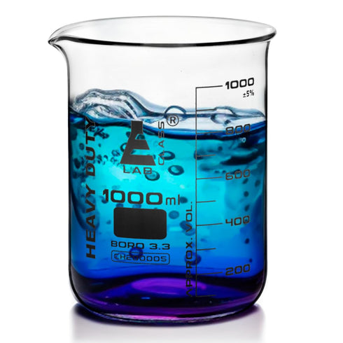 EISCO Heavy Duty Beaker, 1000ml, 5mm Thick, White Graduations, Borosilicate 3.3 Glass, Superior Durability