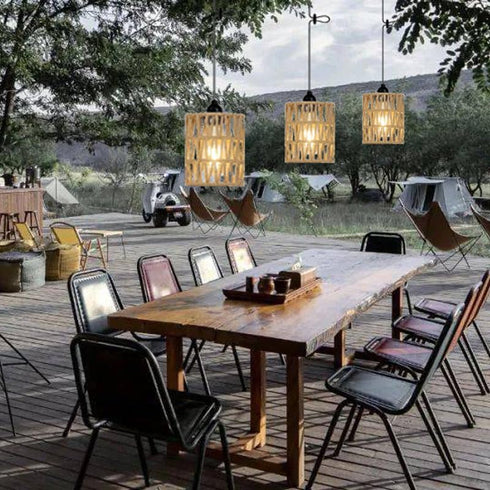 EcoGehen 2 Pack Bulb Battery Operated Pendant Light Outdoor Chandelier for Gazebo Hanging Lamp with LED Rattan Shade