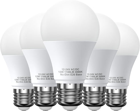 12V LED Light Bulbs, 12W 1050LM Warm White 3000K, 80W Equivalent, E26 Base for Off Grid Solar Lighting, 4 Pack