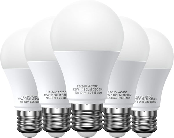 12V LED Light Bulbs, 12W 1050LM Warm White 3000K, 80W Equivalent, E26 Base for Off Grid Solar Lighting, 4 Pack