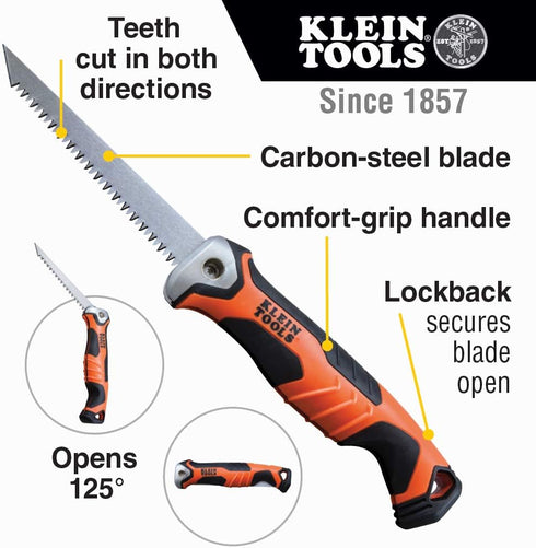 Klein Tools 31737 Folding Jab Saw / Drywall Saw, Hand Saw with Lockback at 180 and 125 Degrees and Tether Hole by Klein Tools