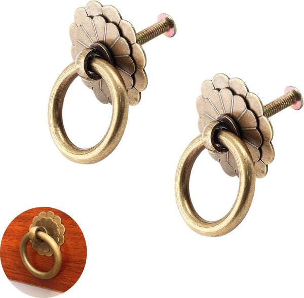 2 Pack Bronze Vintage Antique Floral Drawer Pulls, Round Ring Cabinet Handle with Mount Screws for Furniture