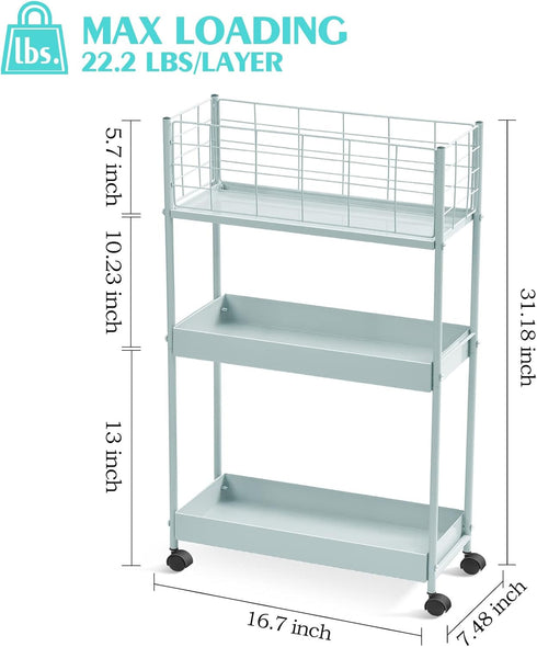 KINGRACK 3-Tier Rolling Utility Cart with Wheels, Metal Slim Storage Organizer for Kitchen, Office, Bathroom, Mint Green