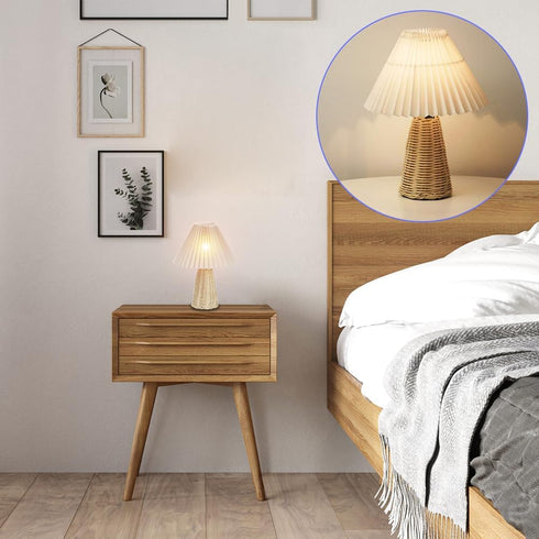 Tiiyee Small Table Lamp, Pleated Table Lamp Bedside Night Lamp with Rattan Base Fabric Pleated Lampshade Vintage Design