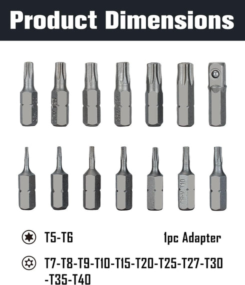 ROTATION 14-Piece Tamper Resistant Star Bits, Chrome Vanadium Steel, T5 - T40 Impact Grade Security Torx Bit Set, 1/4-inch Hex Shank by ROTATION