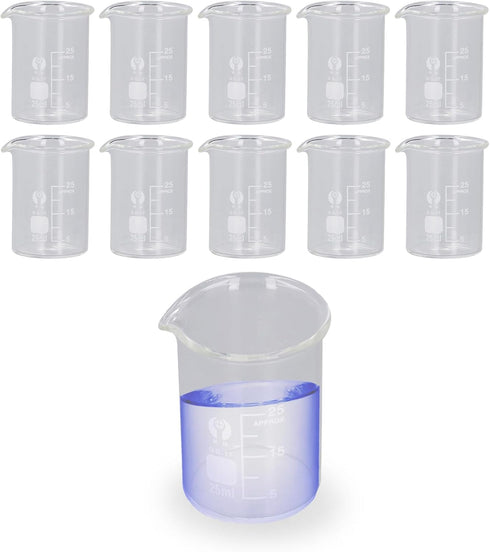 10PCS Glass Beakers Set, 25mL Graduated Measuring Beaker, Thick Walled Experiment Beaker Cups with Scale