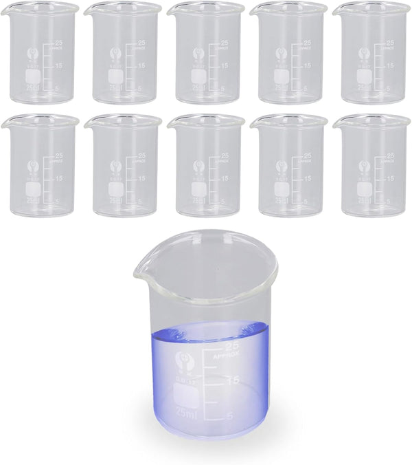10PCS Glass Beakers Set, 25mL Graduated Measuring Beaker, Thick Walled Experiment Beaker Cups with Scale
