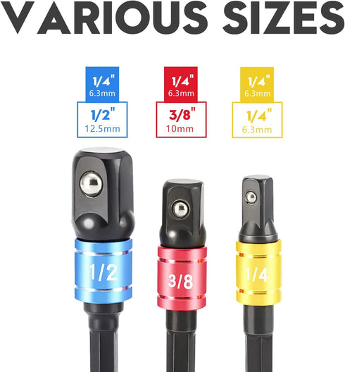 3Pcs Impact Grade Driver Sockets Drill Adapter Extension Set 1/4", 1/2", 3/8 Reducer for Power Drill