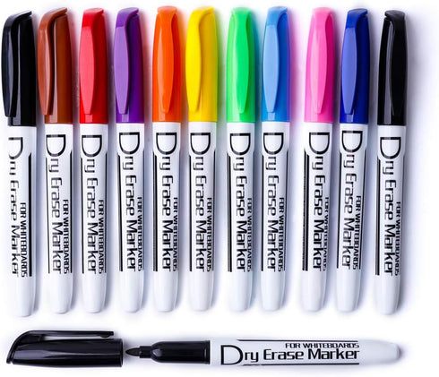 Volcanics Dry Erase Markers - Low Odor Fine Whiteboard Markers, Thin Box of 12, 10 Colors