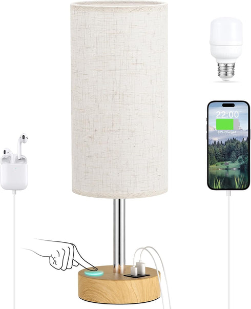 3 Dimmable 14in Dicoool Touch Bedside Table Lamp with USB - Way Wood Lamp for Bedroom Nightstand, Desk Lamp
