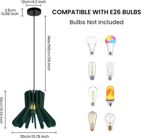 Room,Office(D13.7 xH10.2,Green) Acoustic Felt Pendant Light, Sound Absorbing Modern Hanging Lamp, Tool-Free Assembly
