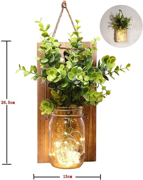 ECTY (2 Pack) Rustic Wall Sconces, Mason Jar Sconces, Farmhouse Home Decor, LED Fairy Lights, Green Fake Plant