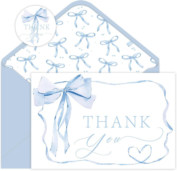 SMUAENSS 24 Pack Blue Bow Thank You Cards, Bowknot Bridal Shower Greeting Card