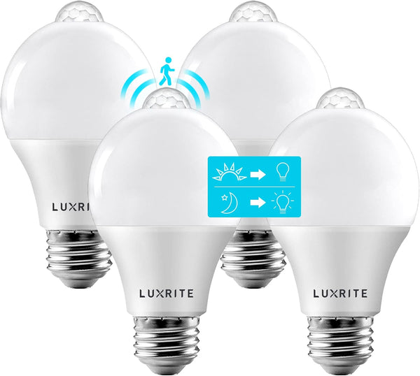 LUXRITE A19 LED Motion Sensor Light Bulbs, 60W Equivalent, Motion Activated Dusk to Dawn, 800 Lumens, 4 Pack