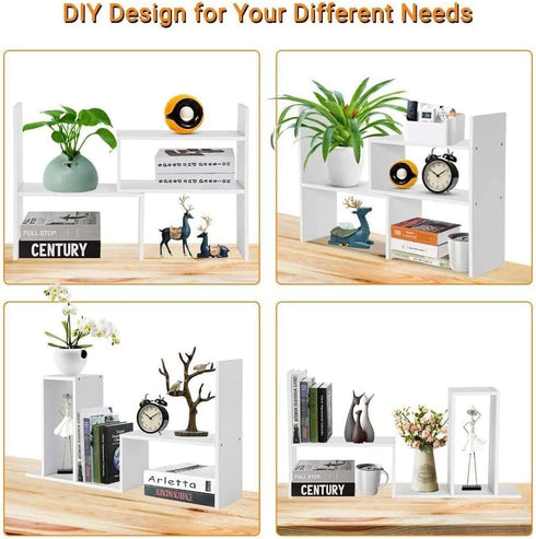 Small Wood Adjustable Desktop Bookshelf, Expandable Storage Organizer for Office Supplies, White