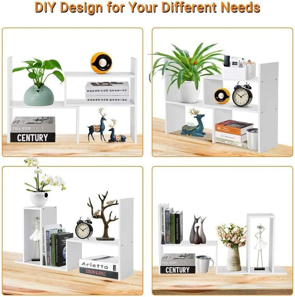 Small Wood Adjustable Desktop Bookshelf, Expandable Storage Organizer for Office Supplies, White