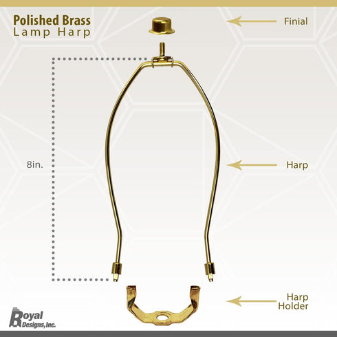 HA-1001-8PB-1 8 inch, Royal Designs, Inc. Heavy Duty Harp for Lamp Shade Holder, Polished Brass Base