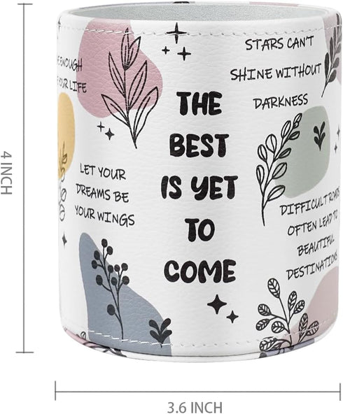 WAVEYU Desk Pen Holder Organizer Cute, Pencil Holder Cup, Makeup Brush Holder Large Pu Leather, Multi-Functional Organizer for School College Office, for Teens Adults Student, Inspiring Words Pattern by WAVEYU