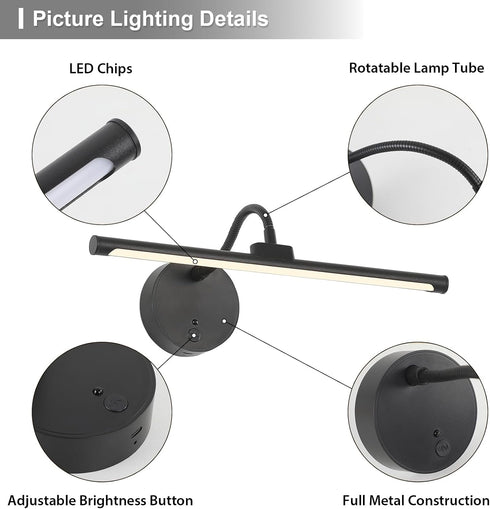 3 Dimmable Wireless Picture Light, Magnetic Rechargeable LED Painting Light with Remote, Battery Operated Wall Art