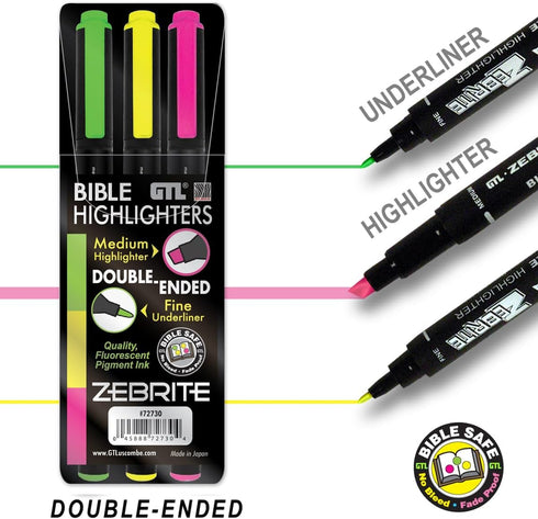 G.T. Luscombe Company, Inc. Zebrite Double Ended Bible Highlighter Set, No Bleed Pigmented Ink, Set of 3