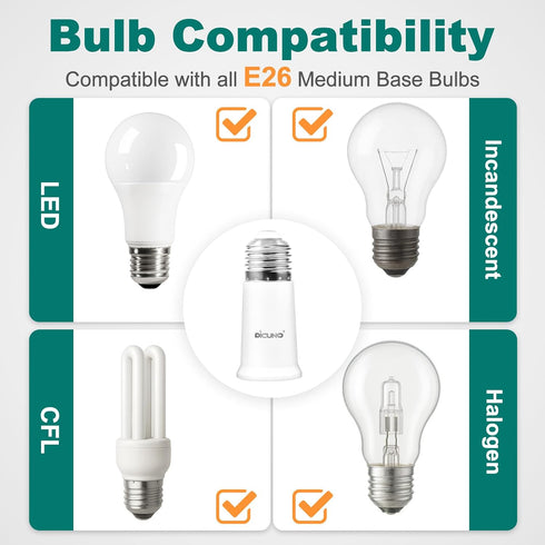 E26 E26 Bulb 5CM/1.97 Inch 200W, Bulb 2 DiCUNO Socket Extender, Standard Medium Base Lamp Socket Adapter of Extension