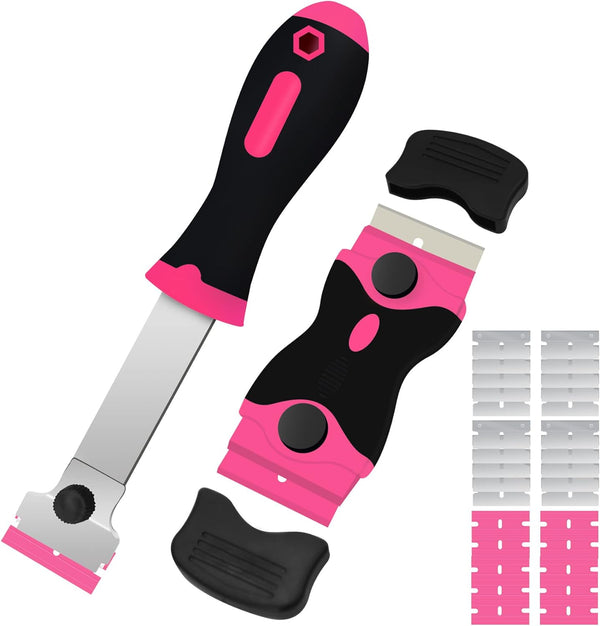 DEKEones Razor Blade Scraper - 2 PCS Tool for Removing Labels, Stickers, Grease from Windshield, Glass (Pink)