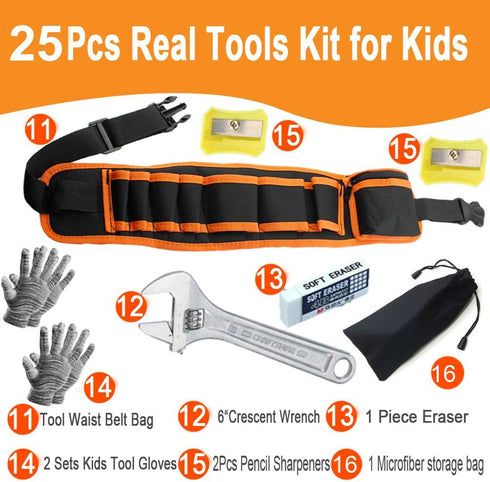 QeeHeng Set 25Pcs Hammer,Kids Set Kids Real Tool for Young Builders,Children Size Real Hand Tools Educational Tool Belt