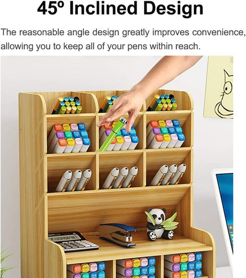 Wooden Desk Organizer, Large Capacity DIY Pen Holder Storage Box for Office, Home, School Supplies