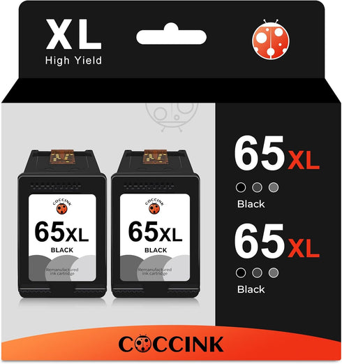 COCCINK 65XL Black Ink Cartridge for HP 65 XL (2 Black) for Envy 5000 5020 5030 5055 5052 5058 DeskJet 2600 2622 2652