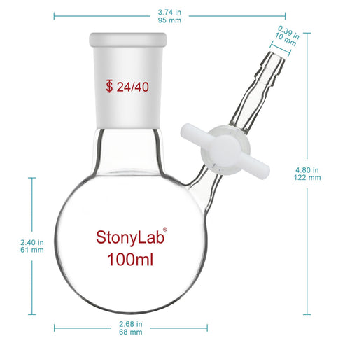 stonylab 100 ml Borosilicate Glass Single-Neck Reaction Flask with 24/40 Joint and PTFE Stopcock Valve